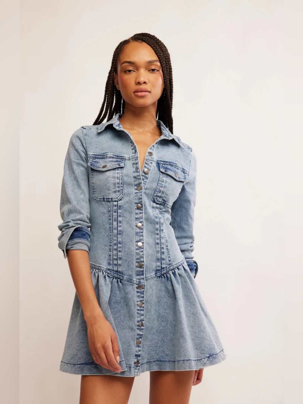 Free People Stretch Denim Roadhouse Mini Dress, Long Sleeve, Size Small